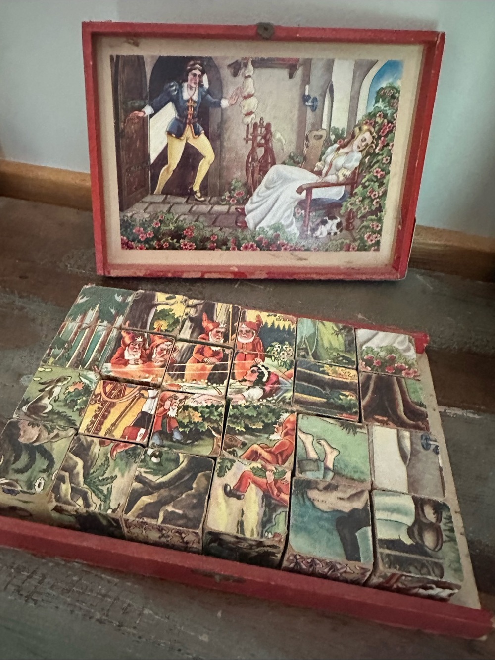 Antique wooden fairytale puzzle blocks German vintage toys  complete set in box